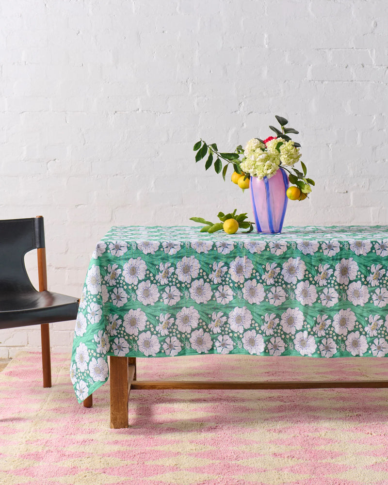 Tumbling Flowers Green Linen Tablecloth