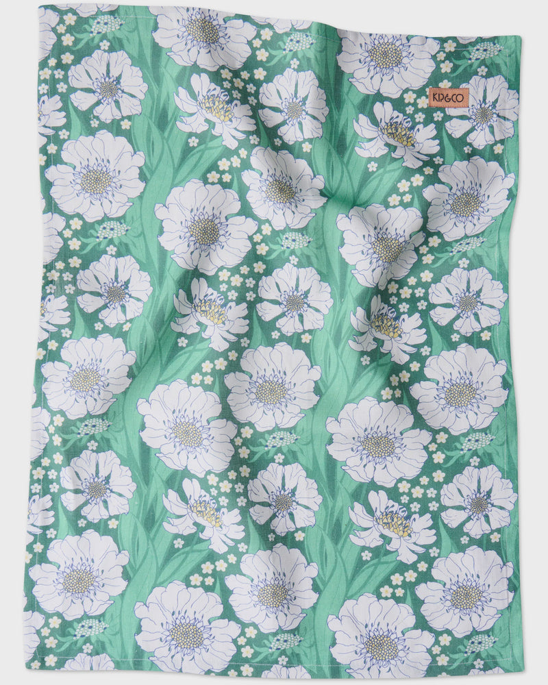 Tumbling Flowers Green Linen Tea Towel