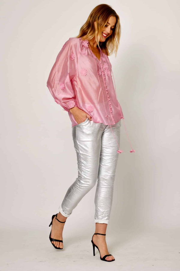 Silk Blend Flower Shirt - Candy Pink