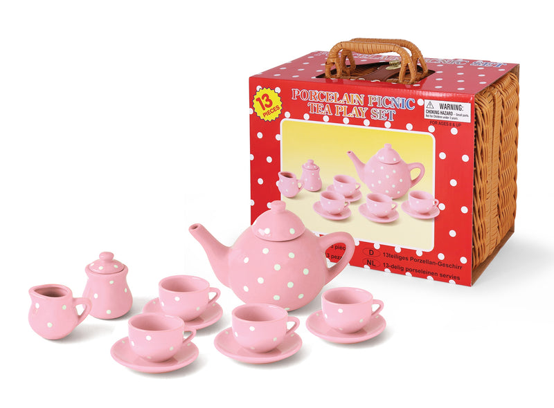 Porcelain tea sets in basket -Pink Polkadots