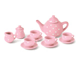 Porcelain tea sets in basket -Pink Polkadots