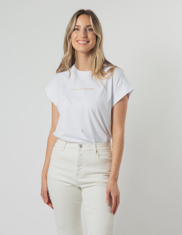 Cuff Sleeve T-Shirt - White with Gold Logo